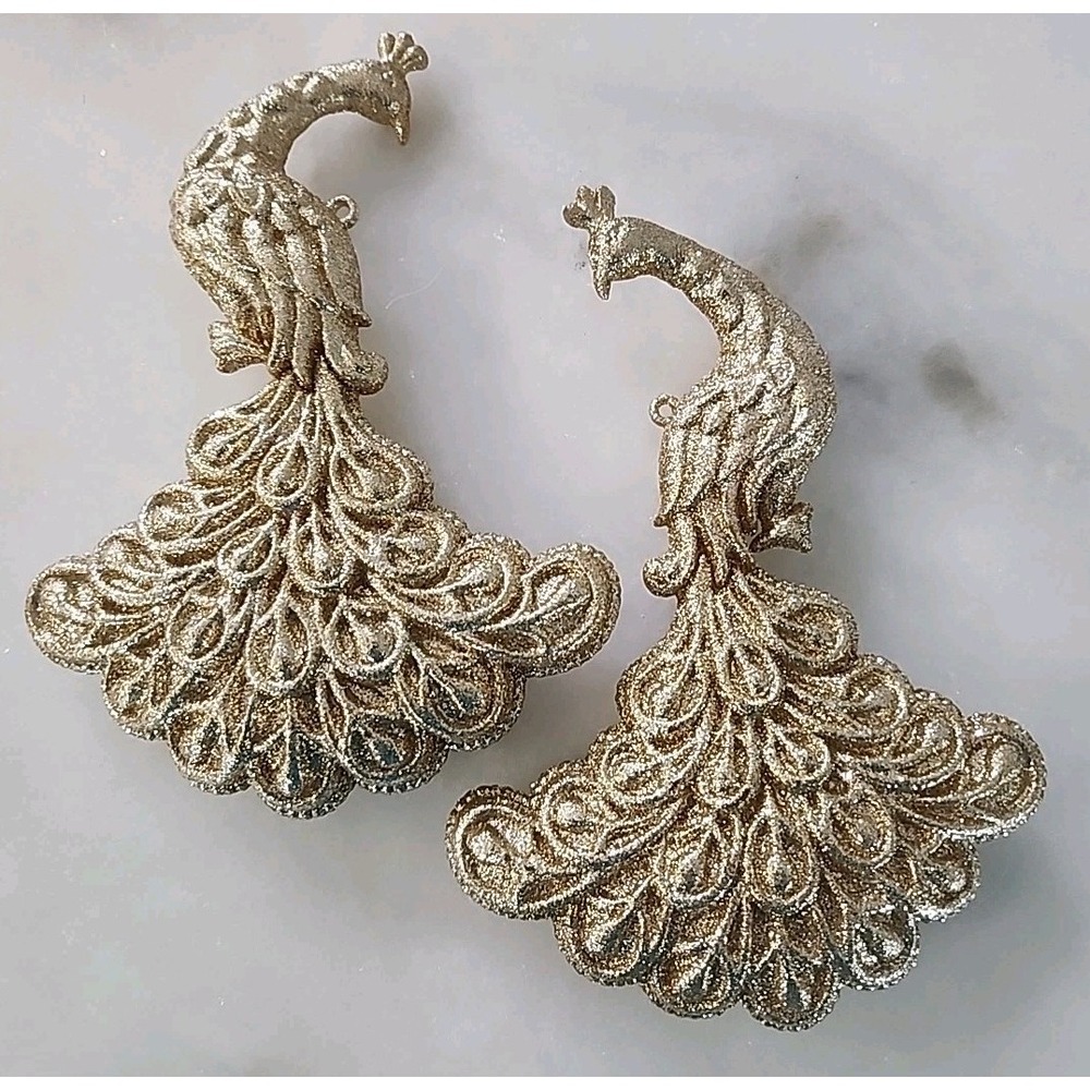 PAIR/ Peacock Glitter Ornaments Silvery Gold‎ 6 In X 4 In X 1 Inch. BEAUTIFUL!
